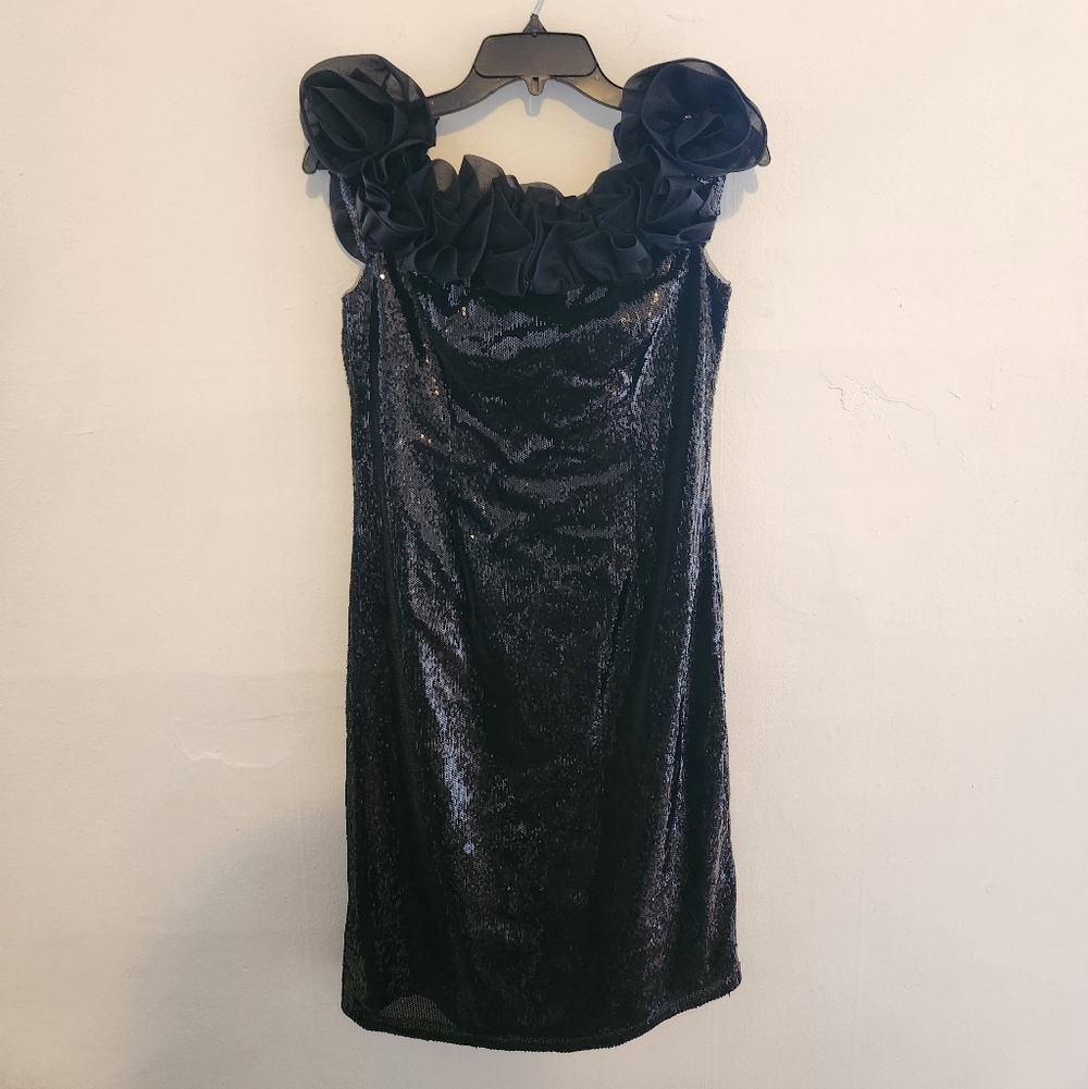 Aidan Mattox Black Sequin Off-Shoulder Mini Cocktail Dress Black NWOT 10 - Picture 3 of 8